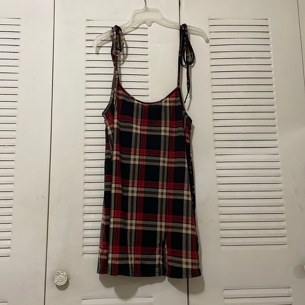 SHEIN plus tied shoulder split hem tartan overall dress